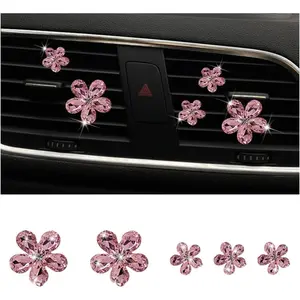 Bling Daisy Flower Car Air Vent Clips, 5PCS Sparkling Crystal Rhinestone Cute Vehicle Air Conditioning Clamp, Diamond Auto Air Outlet Clip Decor for Women Girls, Universal Fit (Pink)