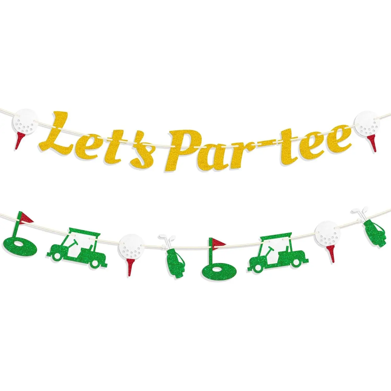 Pre-Strung Golf Themed Birthday Banner, NO-DIY Let’s Par-tee Banner Golf Sports Theme Party Decorations for Retirement Baby Shower, Gold