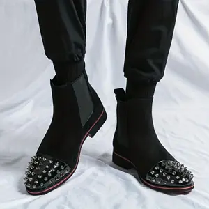 [Versatile Pointed Toe Boots] Versatile High-Top Pointed Toe Boots - Men's Sleek Rivet Details Boots with Elastic Closure, Rubber Sole, All Seasons Walking Shoes Boy
