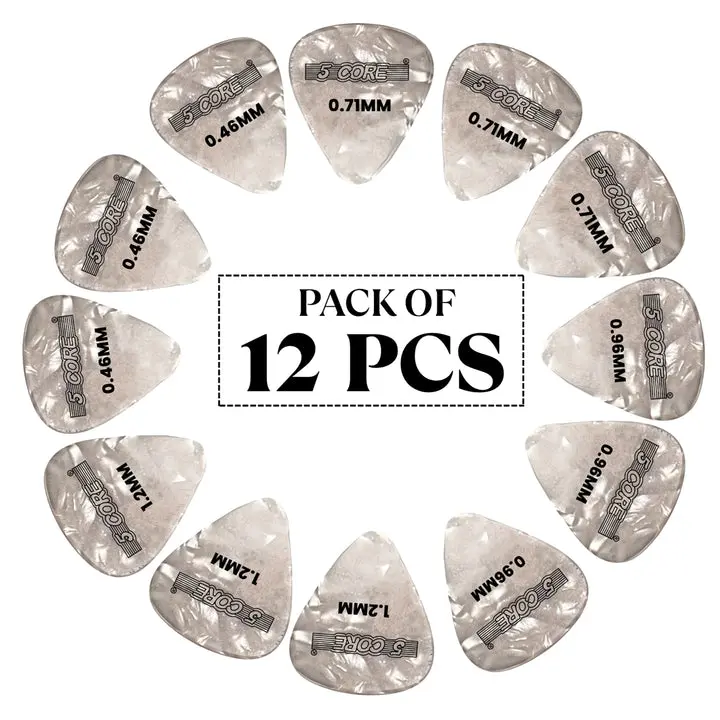 5 Core Celluloid Guitar Picks Pack - 12 Pieces with Light, Medium, Heavy, Extra Heavy Gauges for Acoustic & Electric Guitars