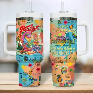 Jimmy Buffett Music Tumbler 40oz with Handle, Tropical Island Aesthetic Cup, Margaritaville Inspired Mug, Beach Lifestyle Fan Gift, Summer Vacation Travel Mug, Stainless Steel Tumbler