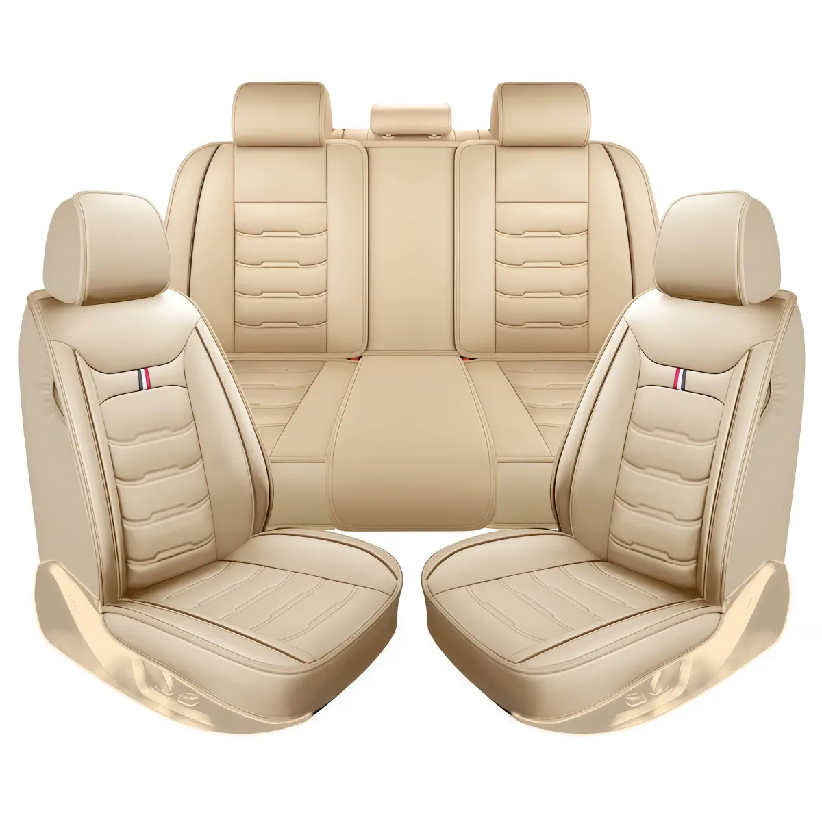 11 PCS Premium Leather Car 5 Seat Covers Full Set - Beige, Front Rear Seat Cushion Non-Slip Covers Protector Mat Pad Waterproof, Vehicle Interior Decoration Accessories Universal For Car Sedan SUV 4 Door 2 Row 5 Seats