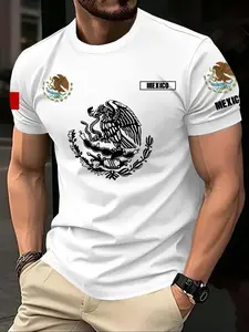 Men's Trendy Classic Casual Menswear T-Shirt, Casual Graphic Tee, Eagle Pattern Design Mexico Letter Print, Round Neck, Soft Fabric, Street Style, Streetwear, Home, Work, Outdoor Travel