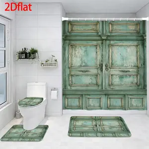 4-Piece Bathroom Sets Full Set Vintage Green Wooden Door Pattern Four-Piece Curtain Set Elegant Decor Shower Bath funny Accessories U-Shaped floor Seat Cover Cushion Toilet Lid Rug Carpet Non-Slip  Shape Mat Gifts Style toilet waterproof