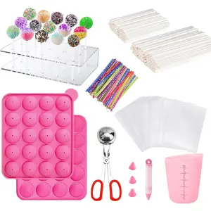 606Pcs Cake Pop Kit Silicone Lollipop Molds Includes Lollipop Sticks Measuring Cup Treat Bags Twist Ties Decorating Pen Meat Baller Round Mold Candy Display Stand Holder Pink