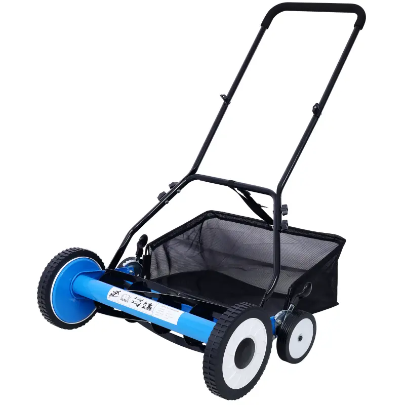 20-Inch 5-Blade Push Reel Lawn Mower - 4-Wheel Maneuver Blue Grass Cutting Tool with Grass Catcher, 1.3–2.5" Adjust, 26.6lb No-Motor Machine for Small Yds & Gardens