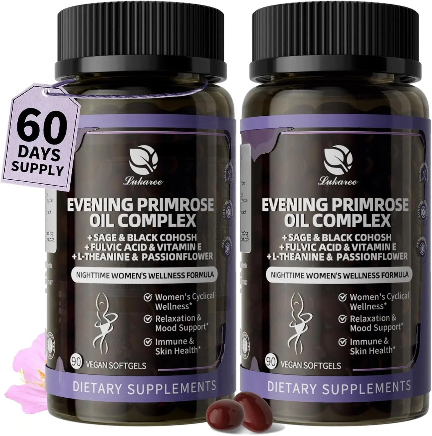 2 Pack Evening Primrose Oil 1000mg - Hormone Balance for Women | Primrose Oil Capsules Cold-Pressed w/10% GLA, Essential Fatty Acids, L-Theanine for Mood, Skin & Immune, 180 Softgels