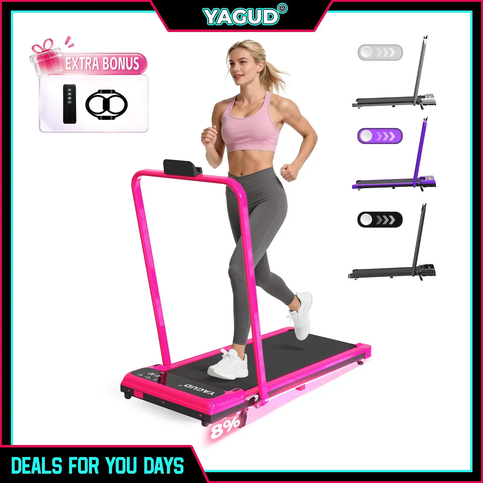 [DEALSFORYOUDAYS] YAGUD Foldable Adjustable InclineTreadmill, Low Noise Motor Walking Pad, 265lbs WeightCapacity, Remote Control & Wheels for Easy mobility, DualShock Absorption System Home Gym Equipment, HomeWorkout Equipment