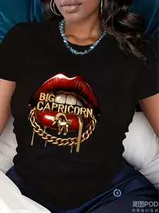 Women's Plus Size Capricorn Zodiac T-Shirt - Soft Crew Neck Short Sleeve Top, Bold Red Lips & Golden Chain Graphic with BIG CAPRICORN Lettering, 220GSM All-Season Comfort, Casual Retro Astrology Apparel