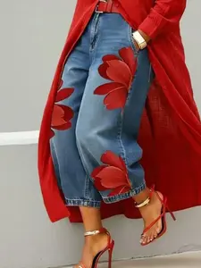 Women's High Waist Floral Print Wide Leg JeansTrousers, Casual Loose Cropped 9/10 Length Denim Pants with Red Flower Pattern