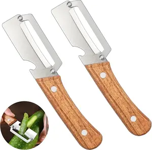 2-Piece Multifunctional Fruit Vegetable Peeler, Wooden Handle Built-in Bottle Opener, Stainless Steel Blade Kitchen Peeler