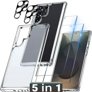 5-in-1 Full Protection Set for Galaxy S25 Ultra/S25 Plus/S25/S24 Ultra/S24 Plus/S24, Clear Shockproof Case + 2 Screen Protectors + 2 Lens Protectors