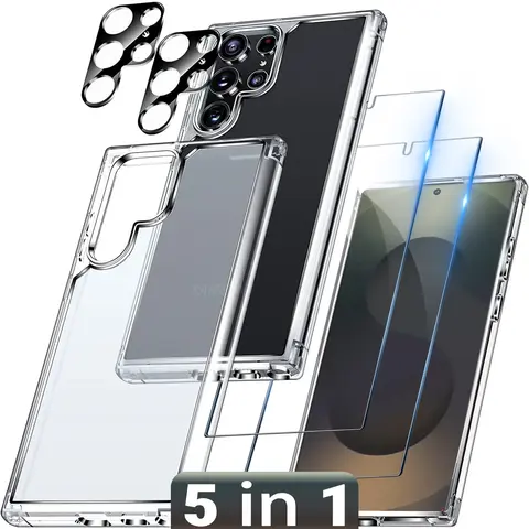 5-in-1 Full Protection Set for Samsung Galaxy S26 Ultra / S26 Plus / S26 / S25 Ultra / S25 Plus / S25 / S24 Ultra / S24 Plus / S24, Clear Shockproof Case + 2 Screen Protectors + 2 Camera Lens Protectors