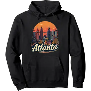Men's Atlanta skyline and Georgia city souvenir Graphic Hoodie - Cotton Blend Black Long Sleeve Pullover Regular Fit | Soft & Breathable Fabric, Durable Print, Everyday Comfort, Machine Washable, retro vintage urban cityscape with nostalgic elements