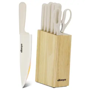 ELITEQUO Kitchen Knife Set with Block, Ceramic Coating, High Carbon Stainless Steel Sharp Blade Block Knife Set, Dishwasher Safe Cutlery