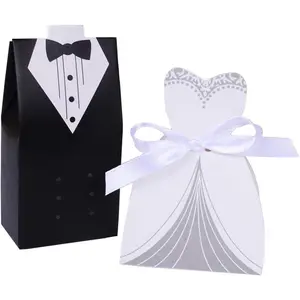 Wholesale Wedding Favors Wedding Party Favor Boxes Creative Tuxedo Dress Groom Bridal Candy  Box with Ribbon 100 count
