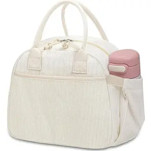 Corduroy Insulated Lunch Tote Bag, Waterproof Oil-Resistant, Spacious Reusable Lunch Bag for Work School Daily Use