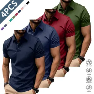 Men’s 4-Piece Polo Set – Men’s casual polo shirt, solid color button-up basic, versatile, men’s bowling/golf clothing, suitable for everyday wear, summer business style