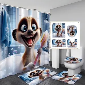 Cute Squirrel Bath Curtain Set, Bubble Bathtub Scene, Includes Non-Slip Mat & Plastic Hooks, Bathroom Decor, Holiday Gift