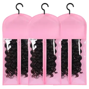 TWiceBeauty 3pcs Portable Wig Bag Pink Wig Storage Bags with Hanger Hair Extension Holder Hair Extensions Storage for Multiple Wigs Home Salon Travel Plastic Cover