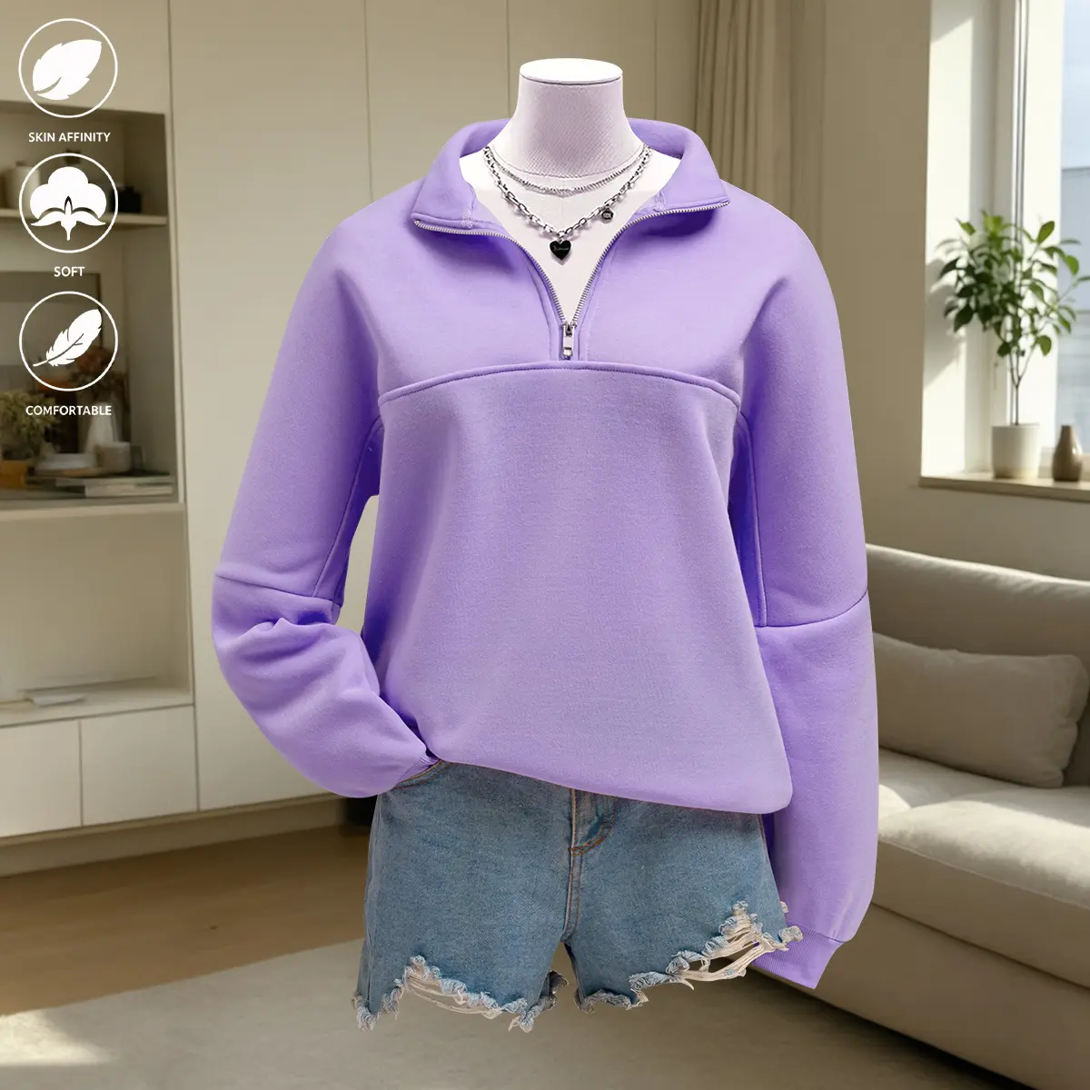 Women’s fleece sweatshirt—100% polyester fiber, ultra soft, warm, and breathable; half-zip front and pullover design; hooded style for casual wear in autumn and winter.