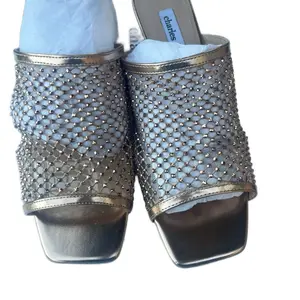 Charles David Noolie Studded Silver Heeled Sandals with Square Toe and Comfortable Padding