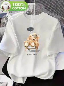 Women's Y2K Graphic Cotton TShirt  Cute Teddy Bear with Glasses & "You Yourself" Print 100% Pure Cotton Loose Fit Round Neck Short Sleeve Top for Spring Summer Casual Wear Teddy Bear T Shirt Everyday Comfort Tee Black Womenswear