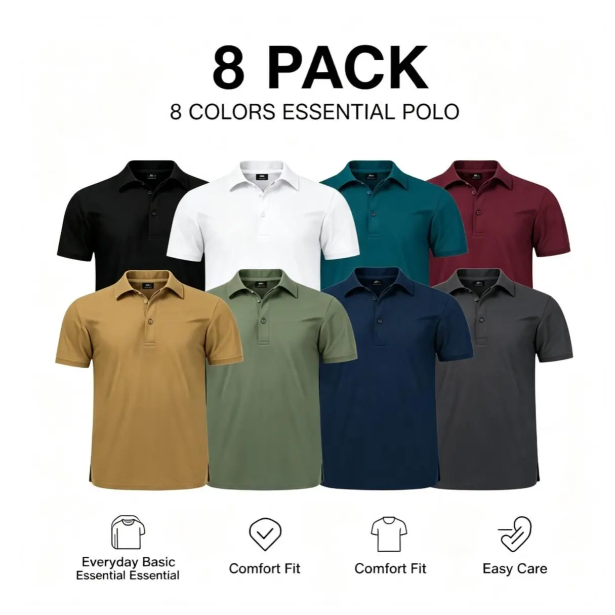 Men's 8-Pack Short Sleeve Polo Shirts, Classic Collar Button-Down Tees, Comfort Fit Breathable Basic Tops for Casual Work Golf Wear turn-down