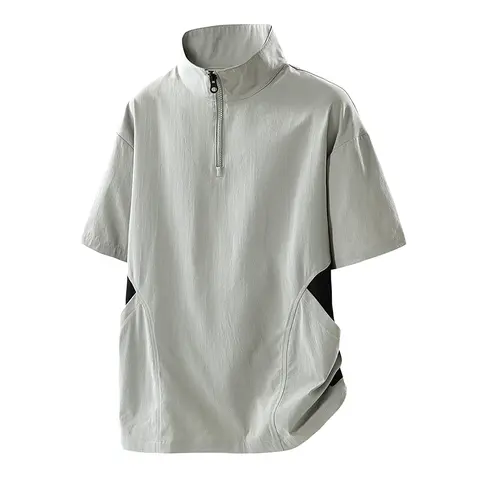 Men's Quick-Dry Breathable Half-Zip Stand Collar Short-Sleeve Athletic Tee - Lightweight Colorblock Basic, Fitted Menswear Activewear for Outdoor Training, Machine Washable