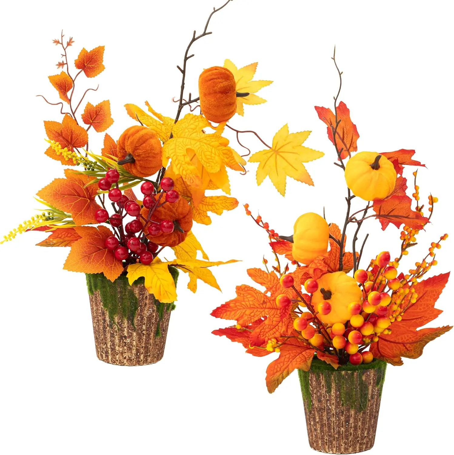 2PCS Fall Decor Artificial Pumpkin Maple Leaf Table Centerpieces | Autumn Harvest Decor with Faux Pumpkins Berries for Thanksgiving Halloween Home Dining Table Mantel Fireplace Decoration