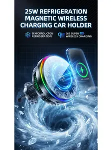 Universal Car Magnetic Wireless Fast Charging Mount 25W Fast Charge with Semiconductor Cooling and Breathing Light Strong Magnetic 360 Rotation Vent Clip for iPhone Android Phones