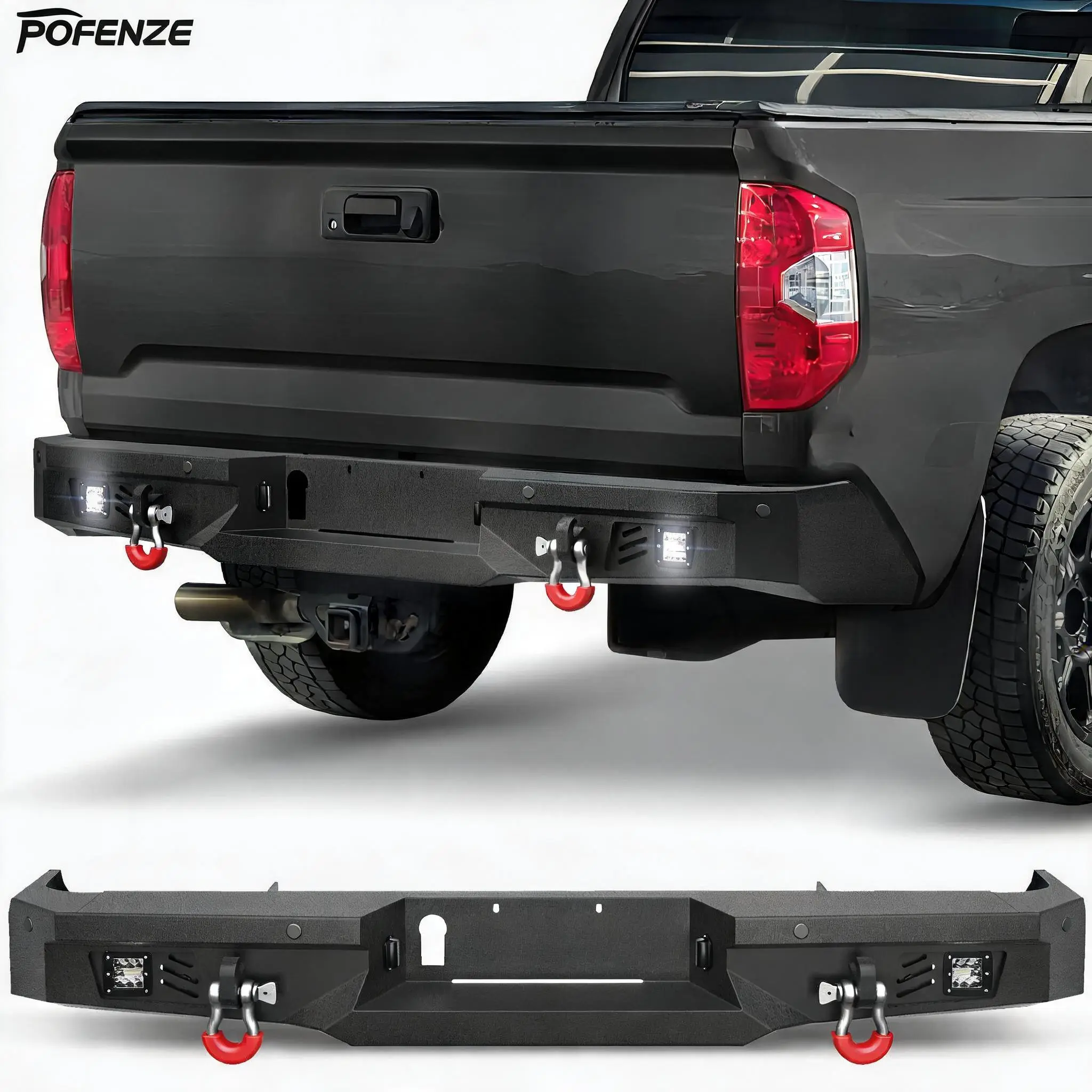POFENZE Tundra Rear Bumper Full Width for 2014-2021 Tundra | Pickup Truck Steel Bumper w/Step Plate, Fog Lights, License Plate Lights and D-rings