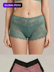 Women's Floral Lace Bow Scallop Sheer Knicker, Soft Breathable Knicker, Comfy Breathable Panty for Daily Wear, Women's Underwear for All Seasons, Trim Lace Panty