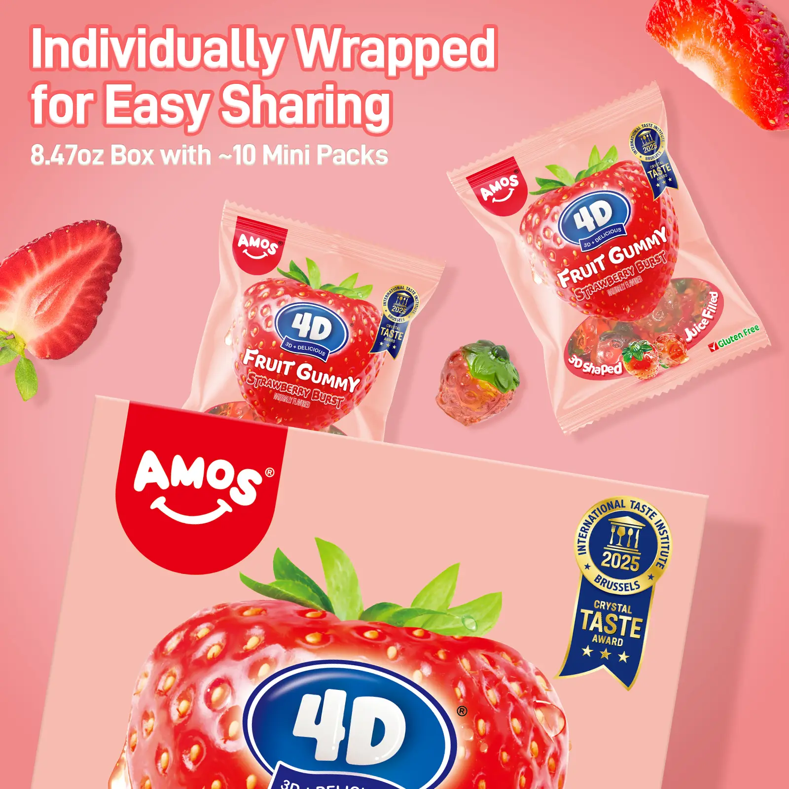 AMOS 4D Fruit Gummy - New Lemon Explosion 240g Bulk Pack Juicy Peach Strawberry Grape Pineapple Lemon Chewy Sweet Candy Fruit Snack Gluten Free Real J