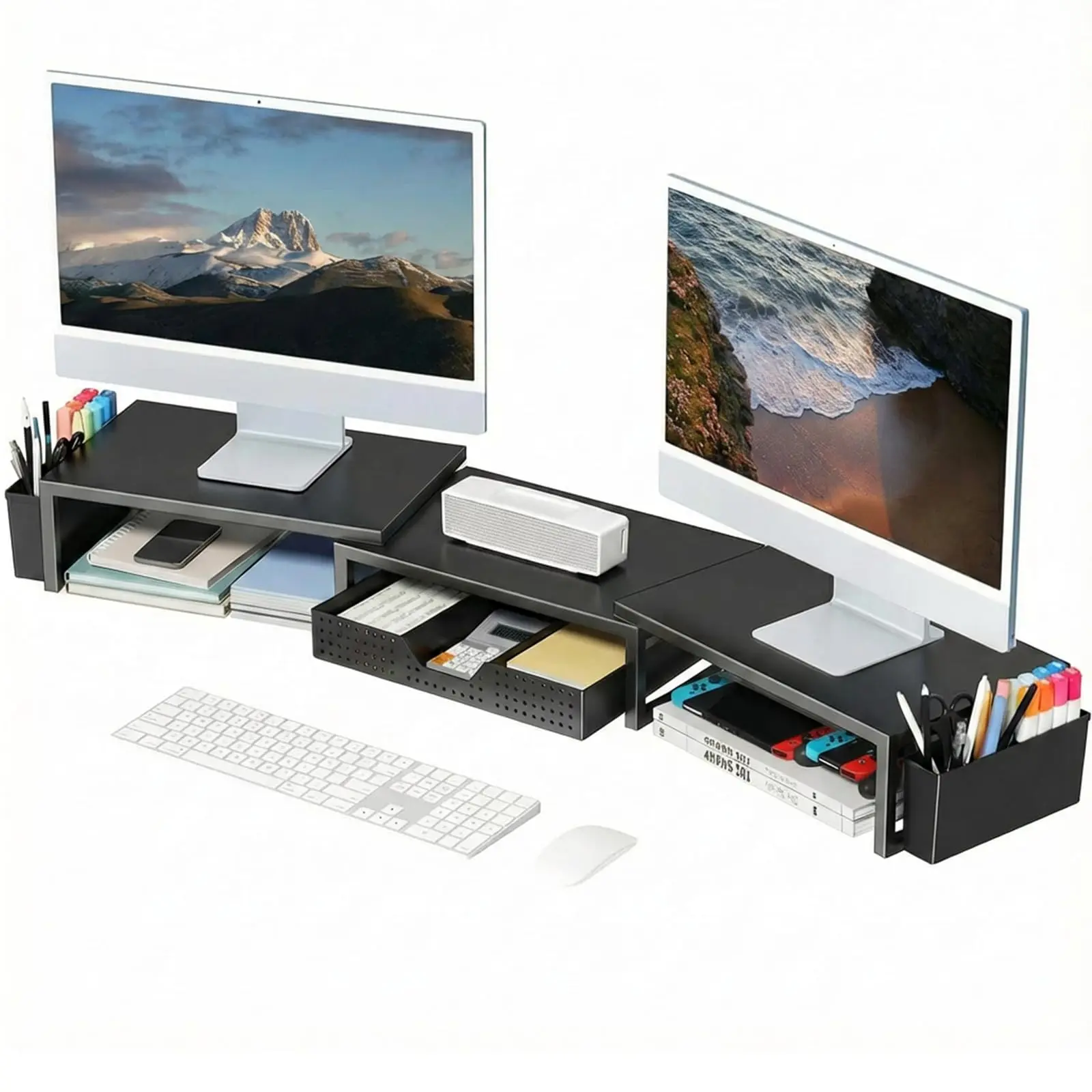 Desk Organizers and Accessories, Dual Monitor Stand Riser with Drawer and 2 Pen Holders, Desk Shelf Metal Computer Racks for Office Workspace Organizers, Desktop Organization (Black Metal)