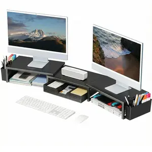 Desk Organizers and Accessories, Dual Monitor Stand Riser with Drawer and 2 Pen Holders, Desk Shelf Metal Computer Racks for Office Workspace Organizers, Desktop Organization (Black Metal)