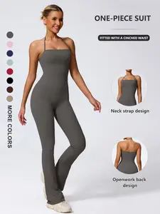 Women's Casual Sleeveless Yoga Sports Jumpsuit, Nylon + Spandex, Fitted, Plain, All Seasons, Comfortable and Fashionable, Ideal for Daily Wear
