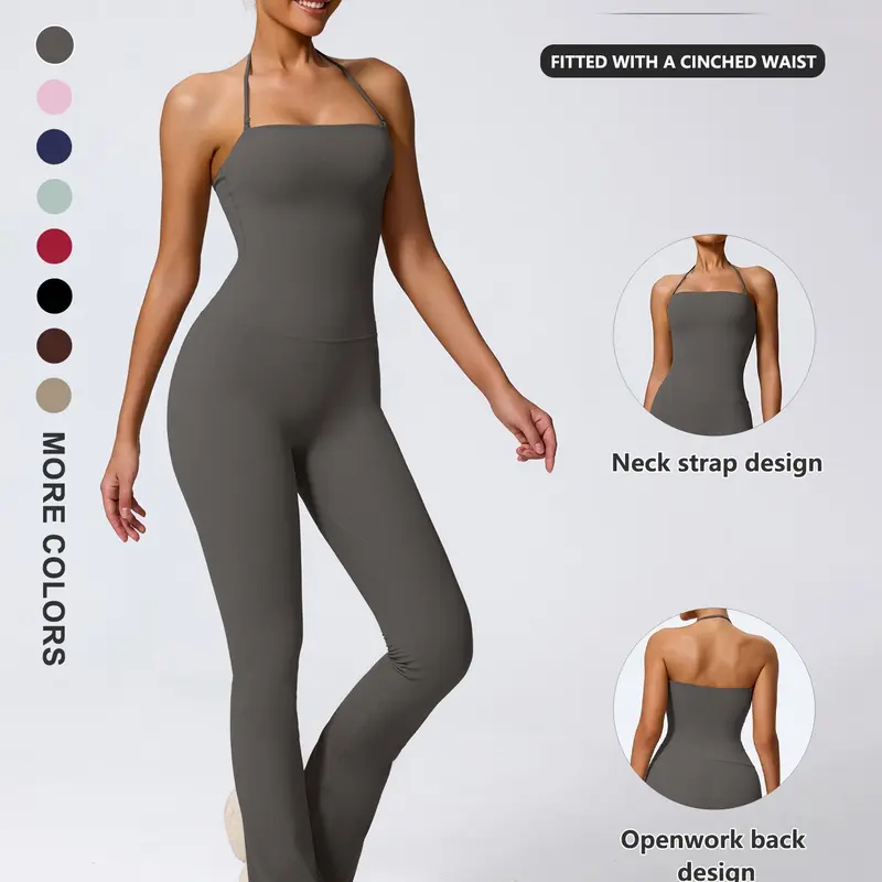 Women's Casual Sleeveless Yoga Sports Jumpsuit, Nylon + Spandex, Fitted, Plain, All Seasons, Comfortable and Fashionable, Ideal for Daily Wear, Yoga Workout Jumpsuits
