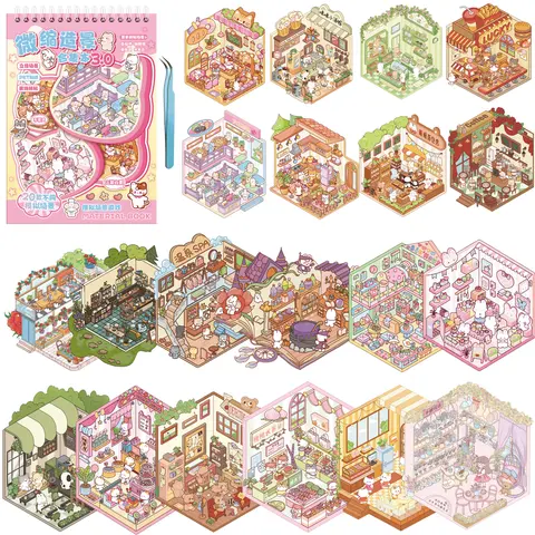 20 Scenes 3D House Scene Sticker Book with Tweezers – DIY Miniature World Craft, Sticker Book for Adults, Relaxing Quiet Craft Activity