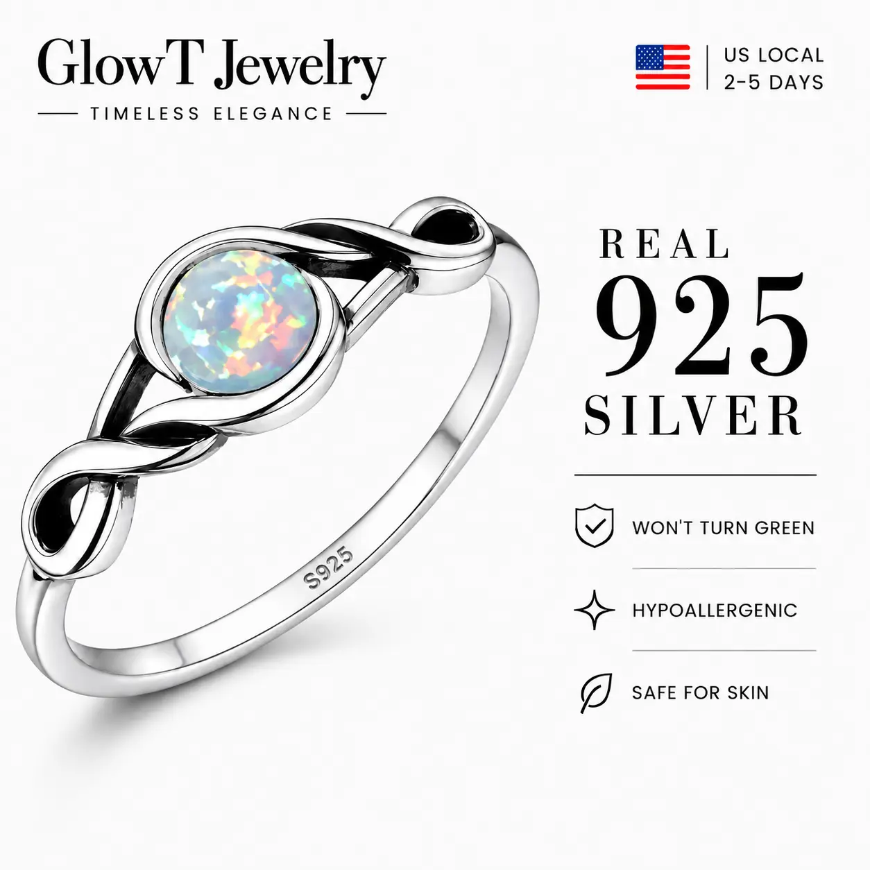 925 sterling silver Dreamy Opal Infinity Ring with Sculptural Silver Curves and Iridescent Glow for Celestial Romance Soft Glam Date Night Festival Styling and Everyday Statement Looks for Women Teens and Creative Jewelry Lovers Seeking a Unique Gift