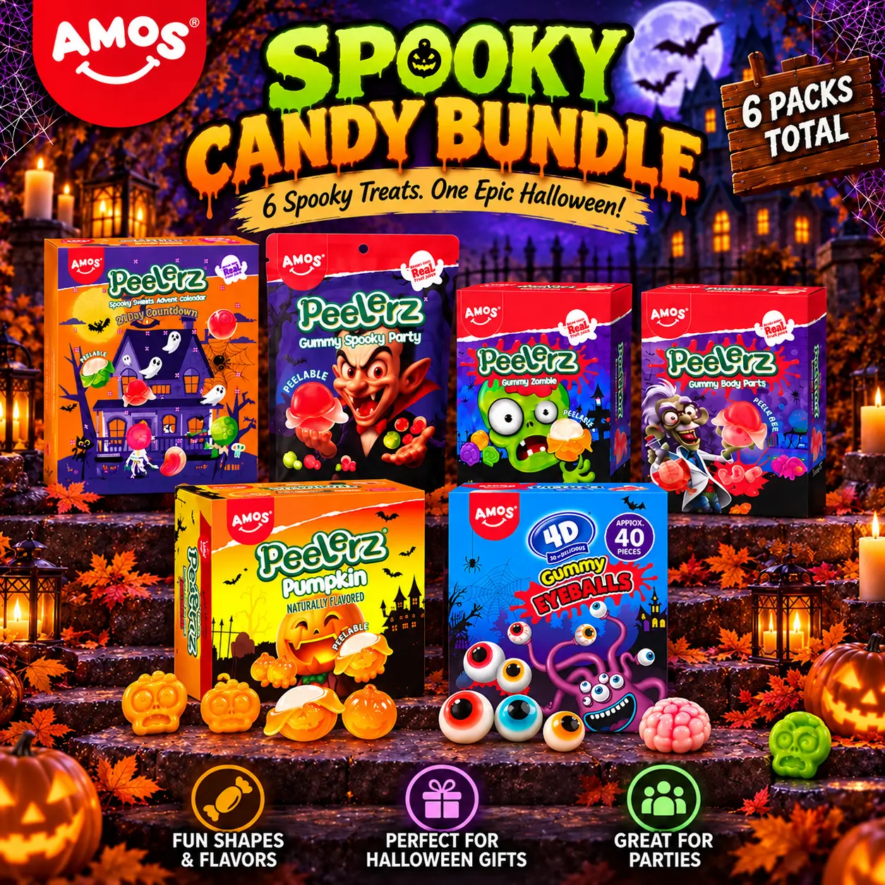 AMOS Halloween Candy Bundle, 6-Pack Assortment with Peelerz Gummies, Gummy Eyeballs, Pumpkin & Spooky Treats for Trick-or-Treating and Parties