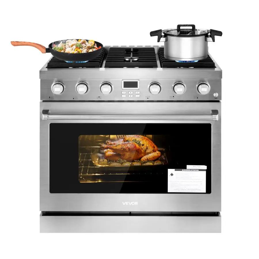 VEVOR GR36C-V 36 in Freestanding Stainless Steel Gas Range Oven, 35.8x29.9x37.7 in, 6 Sealed High-Efficiency Gas Cooktop Burners, 6.0 Cu. Ft. Capacity, Easy Reach Racks, Halogen Light, Easy Cleaning, Ideal for Apartments