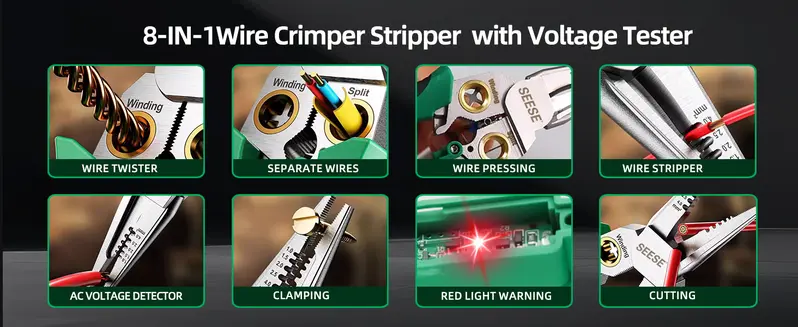 Product Introduction of SEESE 8 in 1 Wire Stripper Twister for Cutting and Pulling Wires, Voltage Tester Pliers,Cable Scissors, 12V to 250V Live,Null,Hot Wire Judgment AC DC, Audible and Flashing LED Alarms 0