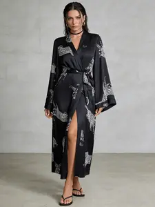 Luxurious Leopard Print Long Sleep Robe, Spring Fall Satin Colorblock Tie Bathrobe, Women's Sexy Homewear, Elegant Nightgown