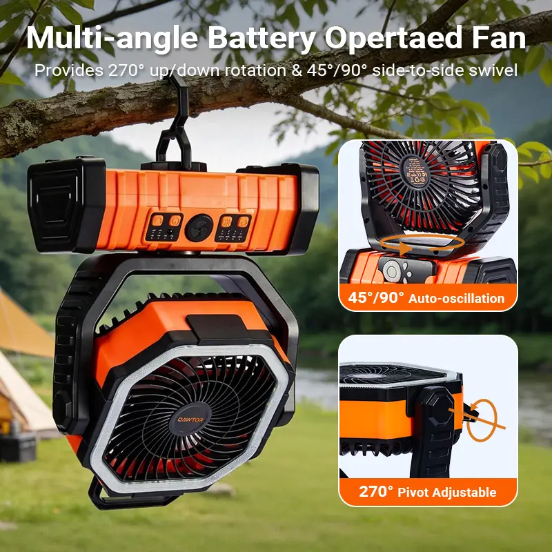 Qawtor 20000mAh Camping Fan with LED Lantern – 360° Rotating Hook + Remote Control,Rechargeable, Dual Motor for Tent/Travel/Power Outages Portable Cordless Fan Battery Fans Portable.
