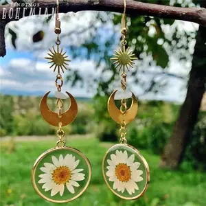 Celestial Crescent Moon Handmade Earrings with Real Daisy Flowers With Small Clear Quartz Crystals