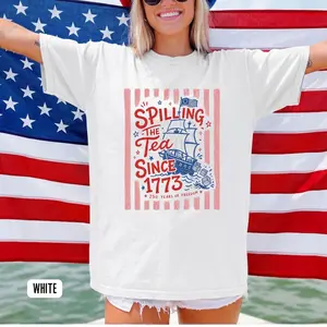 Striped Spilling The Tea Since 1773 Shirt, Funny 4th Of July Tee, Preppy Patriotic USA Shirt, 4th of July Party TShirt, 250th Anniversary
