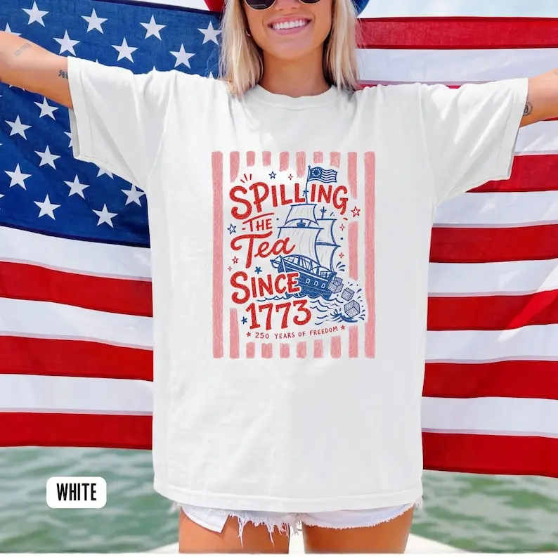 Striped Spilling The Tea Since 1773 Shirt, Funny 4th Of July Tee, Preppy Patriotic USA Shirt, 4th of July Party TShirt, 250th Anniversary