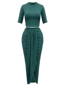 Women's Knitted Slim-Fit Short Sleeve Top & Asymmetrical Hem Midi Skirt Set, Sexy Summer, 2 Piece Set, Moderate Fabric Thickness, Womenswear