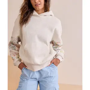 Womens Hooded Sweatshirt Long Sleeve Floral Print Patchwork Casual Loose Fit Tops with Pocket
